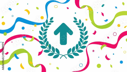 Green Up Arrow Inside Laurel Wreath Surrounded by Confetti and Ribbons.