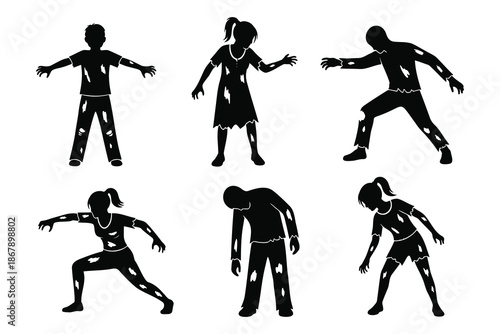 black silhouettes of people with ripped clothes in various poses on white background