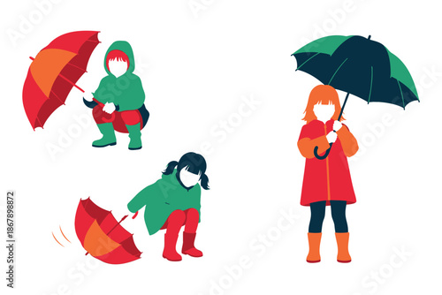 cartoon children playing with umbrellas on a rainy day outdoors