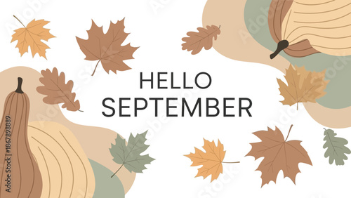 Hello September text with autumn leaves and gourds on a white background, celebrating the start of fall season.
