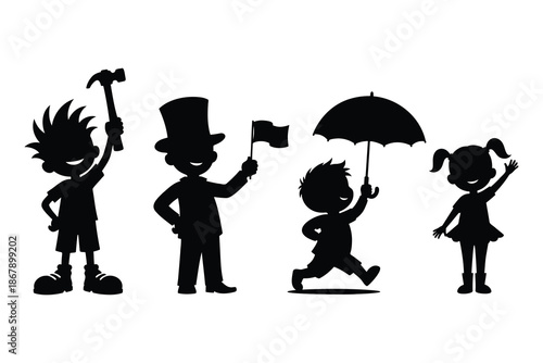 Silhouettes of four children in various playful poses with accessories  running holding umbrella top hat flag hammer