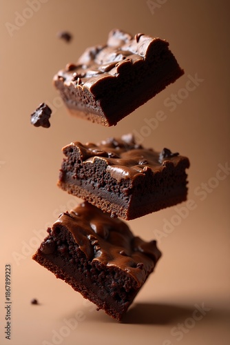 Chocolate brownies with gooey chocolate center floating in mid-air against a brown background