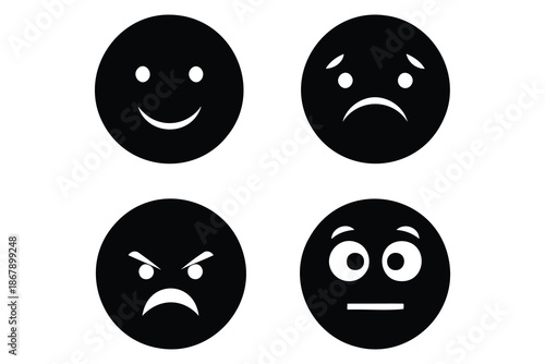 Four black and white emoticon faces with different expressions on white background