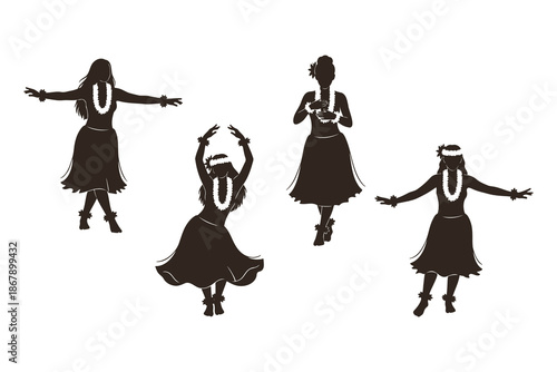 Four hula dancers in various poses with leis and traditional Hawaiian outfits on white background