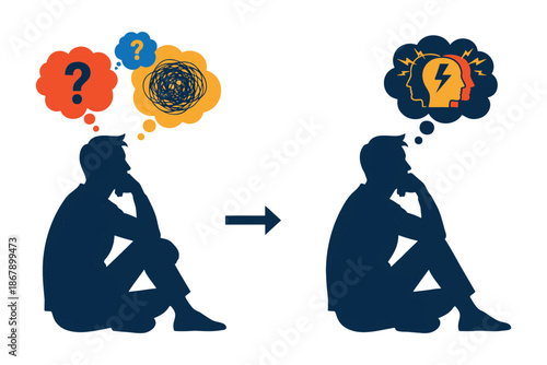 Person having confused thoughts turning into a bright idea sitting on floor  mental clarity and inspiration