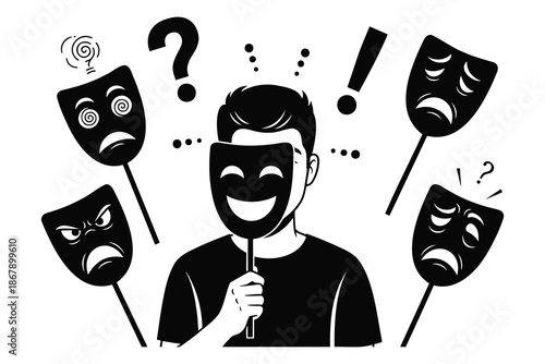 a man wearing a smiling theatrical mask surrounded by various emotional masks on sticks representing different feelings and expressions