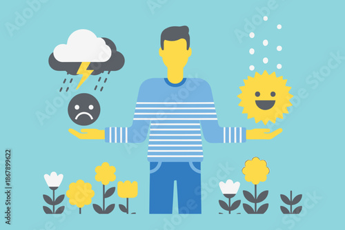 a man choosing between sunny and rainy weather with flowers around him