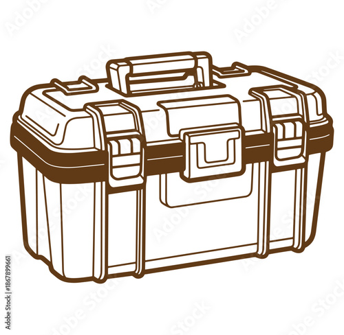 Line art illustration of a closed toolbox with handle and securing latches on white background