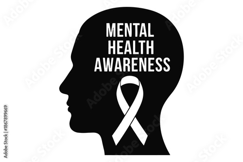 Mental health awareness symbol with human head silhouette and white ribbon  promoting wellness and support