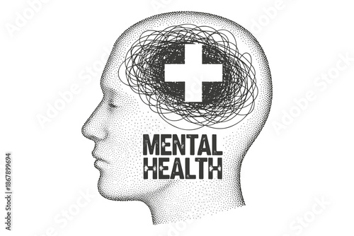 Mental health awareness illustration with a human head and a medical cross symbol