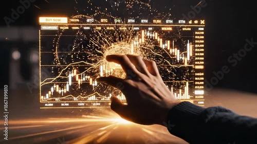 A hand reaching out to touch a holographic display projecting financial data and graphs