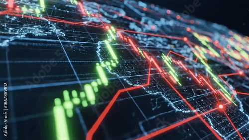 A 3D globe displaying stock market data with red and green graphs and lines on a dark background