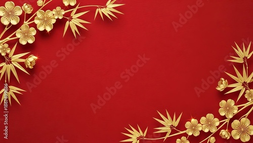 Festive golden plum blossoms and bamboo on a textured red background for new year greetings.