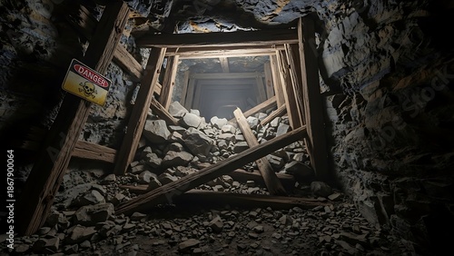 Eerie entrance to a dark and dangerous abandoned mine shaft, supported by old wooden timbers and blocked by a pile of rocks, suggesting hidden depths and potential collapse