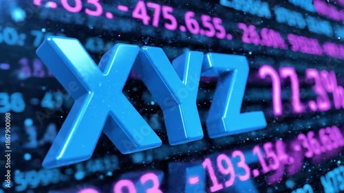 A close-up view of a metallic blue 3D rendering of the letters XYZ prominently displayed on a dark background filled with pink and white numbers