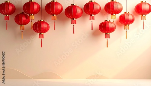 Vibrant red Chinese lanterns hanging on peach background