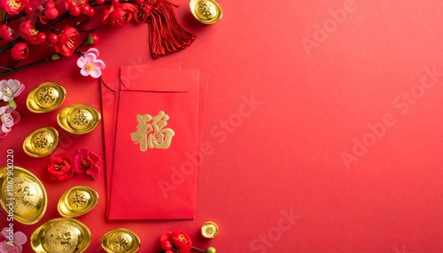 Chinese New Year celebration with red envelope and gold coins