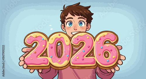 Man holding large decorative numbers 2026.