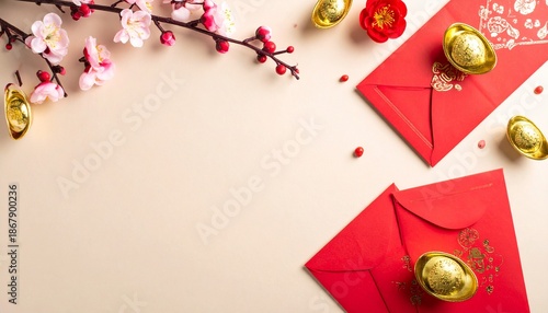Chinese New Year red envelopes with gold coins and blossoms