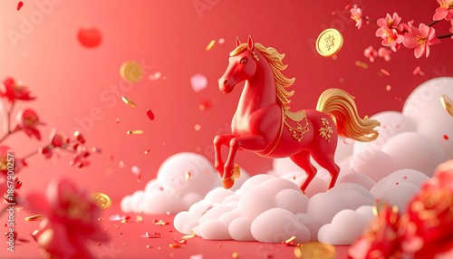 Vibrant red horse with golden mane prancing on clouds amidst cherry blossoms and coins