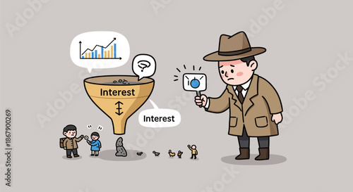 Man in coat using magnifying glass to attract people.