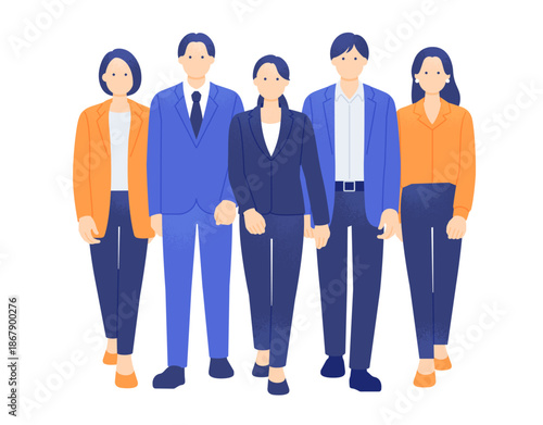 未来へ向かって歩く若手のビジネスパーソン。スーツとオフィスカジュアルの男女5人組イラスト素材。