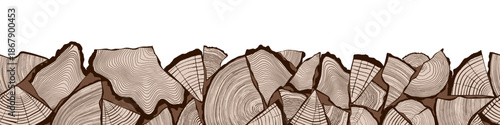Logs of firewood, wood texture seamless border, vector design, isolated on white background