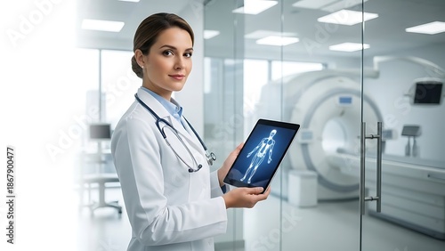 Female Doctor Holding Tablet with MRI Scan.
