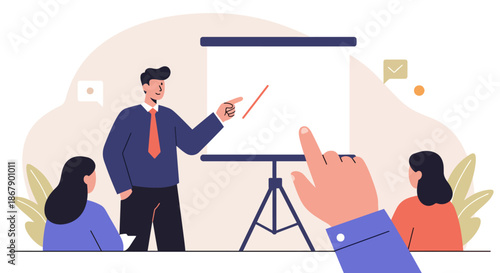 Man presenting to audience with whiteboard.
