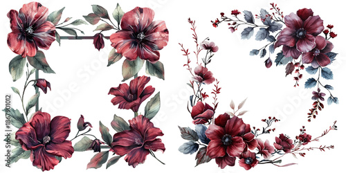 abstract burgundy flowers frame border watercolor vector illustration
