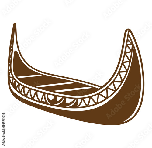 Stylized brown canoe illustration design with decorative elements and detailed linear patterning