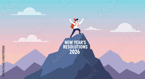 Man Standing on Mountain Peak Celebrating Success.