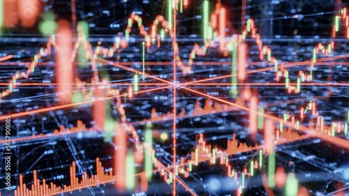 A blurred image of a stock market or financial data display with various colored lines and graphs