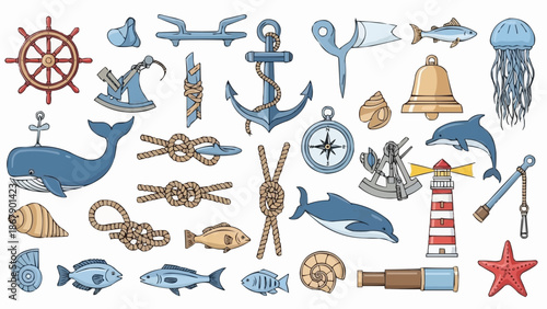 Nautical objects and sea creatures collection illustration.