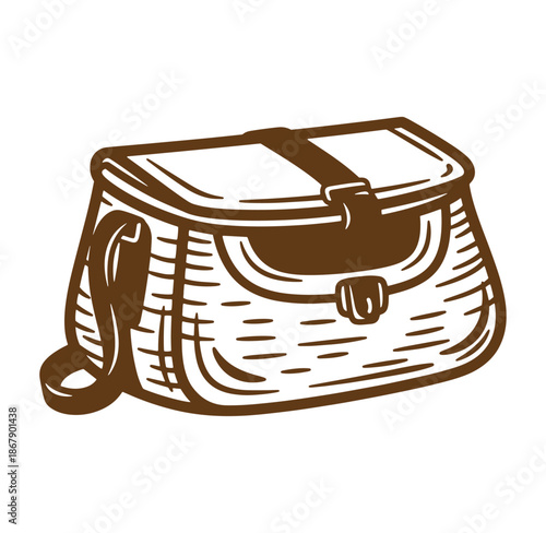 Vintage wicker basket with strap in detailed line art style isolated on white background