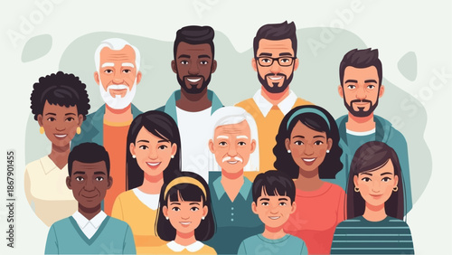 Diverse group of people of different ages and ethnicities standing together.