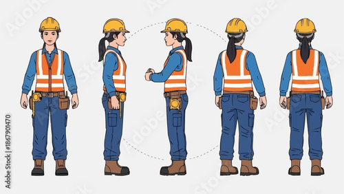 Female construction worker in safety gear from multiple angles.