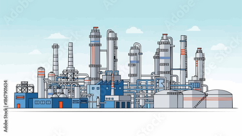 Modern Industrial Chemical Plant with Tall Towers and Tanks.