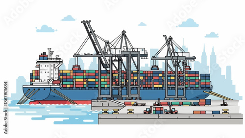 Large cargo ship being loaded with containers at a busy port with cranes.