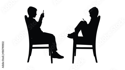 Two boys sitting in chairs using smartphones