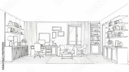 Modern Home Office and Living Room Interior Design Sketch.