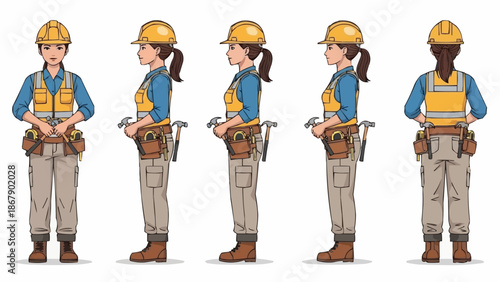 Female construction worker in hard hat and safety vest showing different angles.