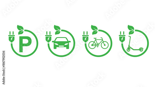 Eco friendly transportation icons with leaf and plug