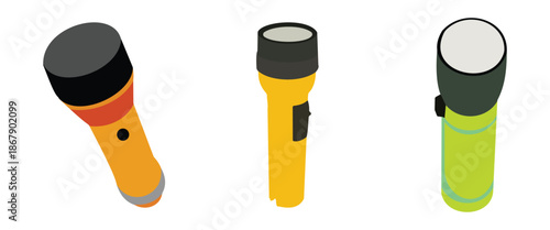 Flashlight Icon Set – Black Torch Vector Icons with Light Beam, Battery Powered Pocket Lamp, Flat Design Isolated on White