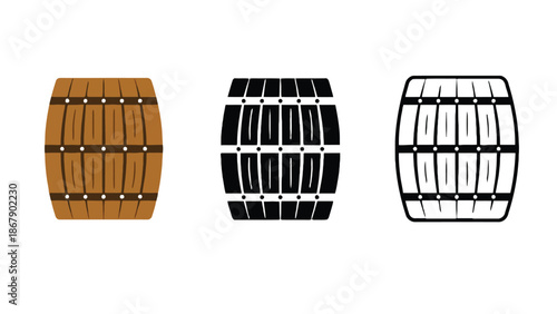 Three wooden barrels in different styles and colors