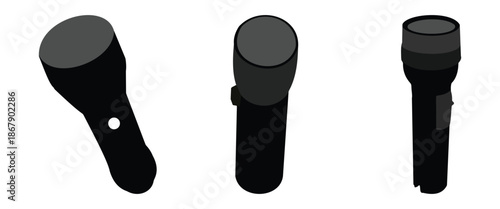 Flashlight Icon Set – Black Torch Vector Icons with Light Beam, Battery Powered Pocket Lamp, Flat Design Isolated on White