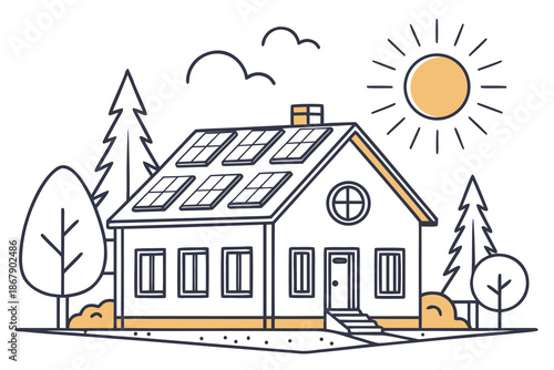 A vector illustration of a summer cottage house and sun in the woods forest landscape with a cartoon design featuring a blue sky and green trees