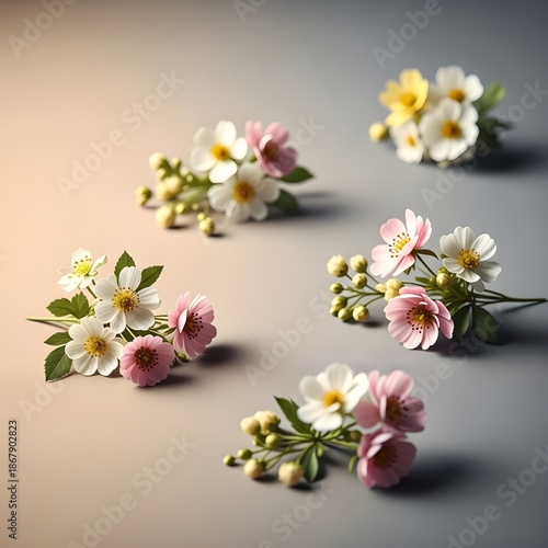 Delicate wildflower arrangements with pink and white blossoms displayed on a soft neutral background.