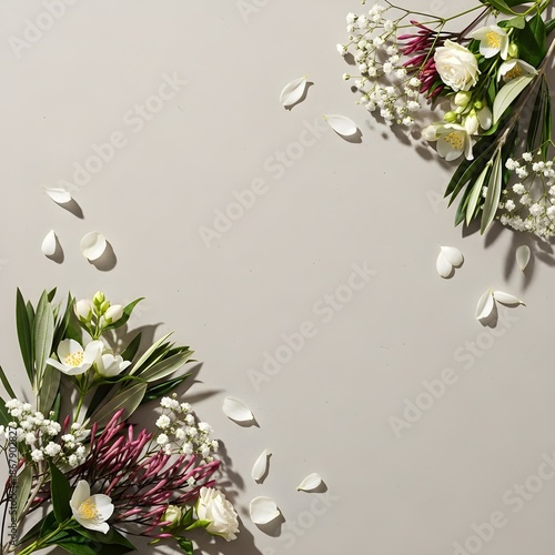 Delicate white and pink flowers arranged as a frame on a soft neutral background with scattered petals.