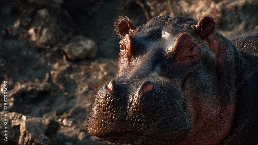 Fototapeta premium Close-up portrait of a hippopotamus face showcasing its thick, bumpy skin texture and intense gaze